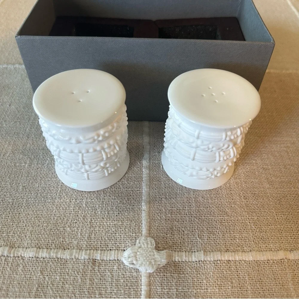 NWT Katy Briscoe | Boho Engraved White Bone China Salt & Pepper Shakers